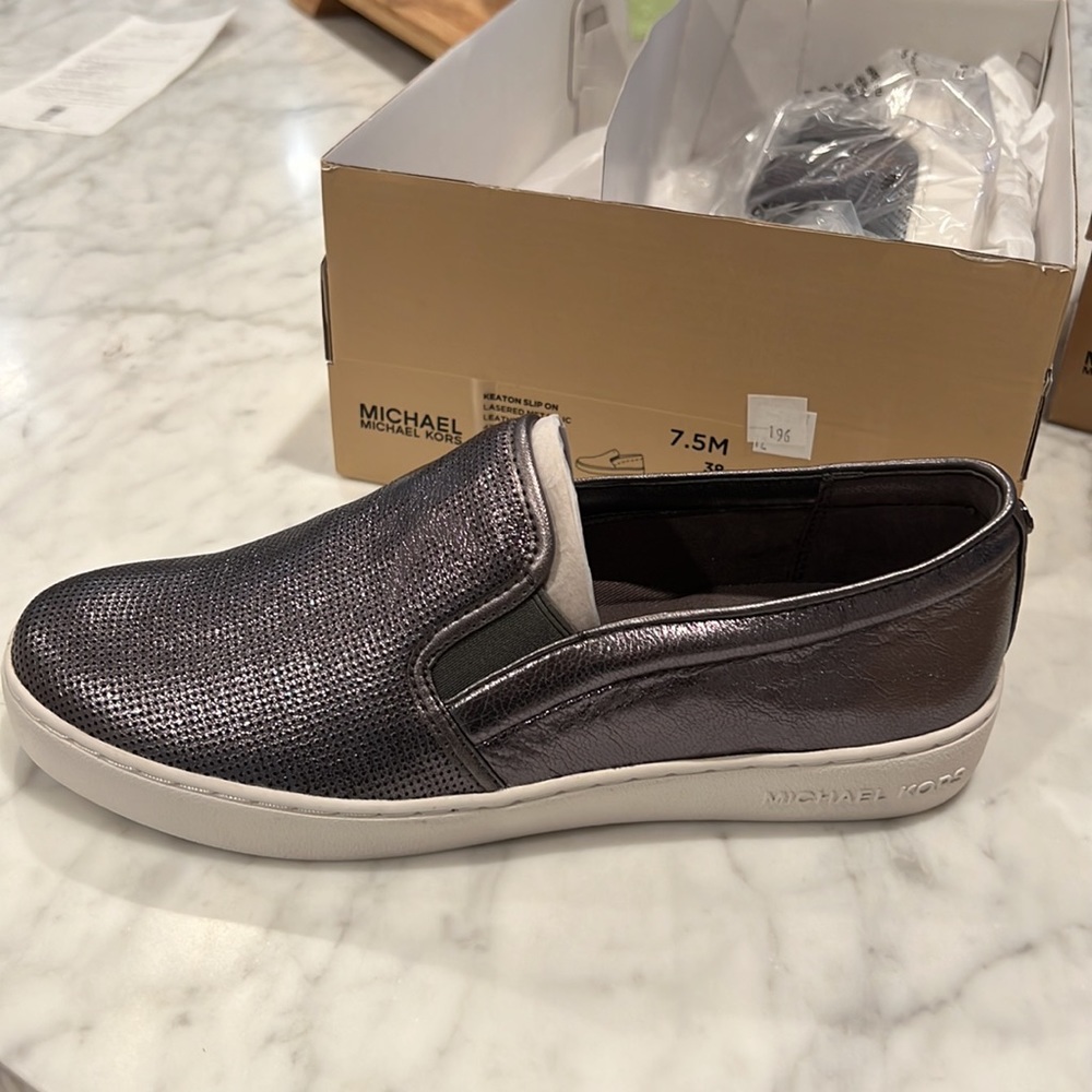 Michael Kors Keaton Slip on Lasered Metallic leather NIB 7.5 Gunmetal